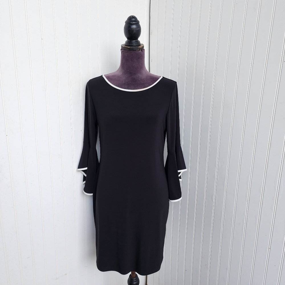 TIANA B 3/4 Bell Flared Sleeve Black White Trim Party Dress Womens Stretch Sz 8P
